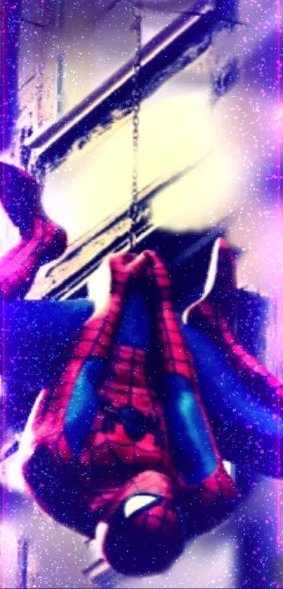 Superhero hanging on a building facade with an urban cityscape backdrop.
