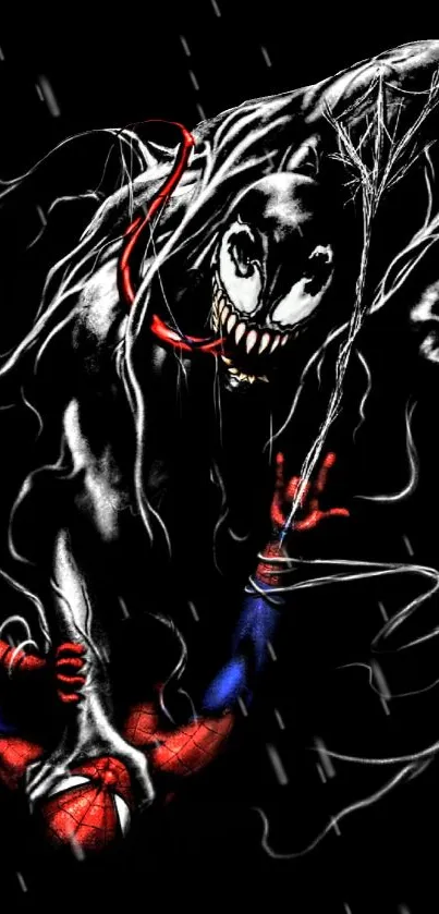 Dynamic Venom and Spiderman art with striking colors on a black background.