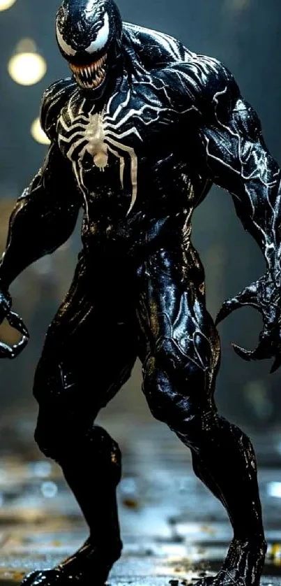 Venom in a dynamic pose with city lights in the background.