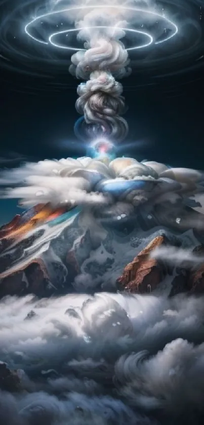 Majestic cloud and volcano scene with glowing rings above.