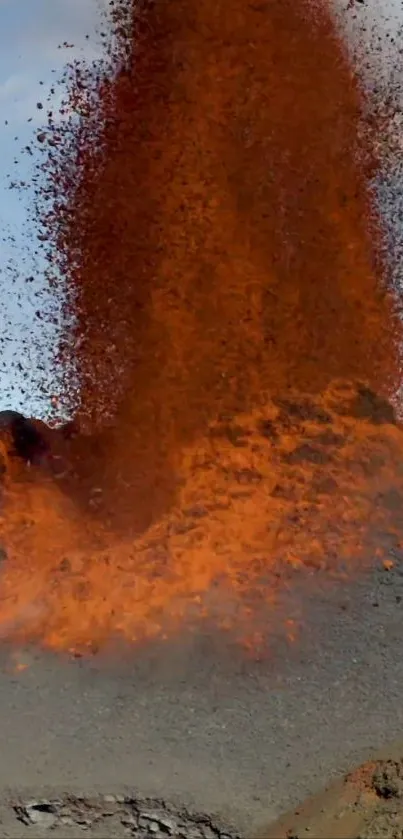 Vibrant volcanic eruption with orange lava and ash clouds in a scenic landscape.