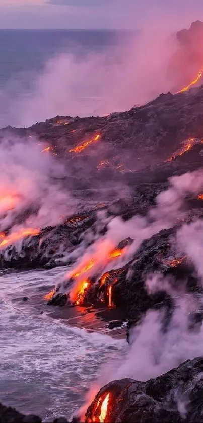 Volcanic lava flows into the ocean with dramatic smoke and glowing embers.