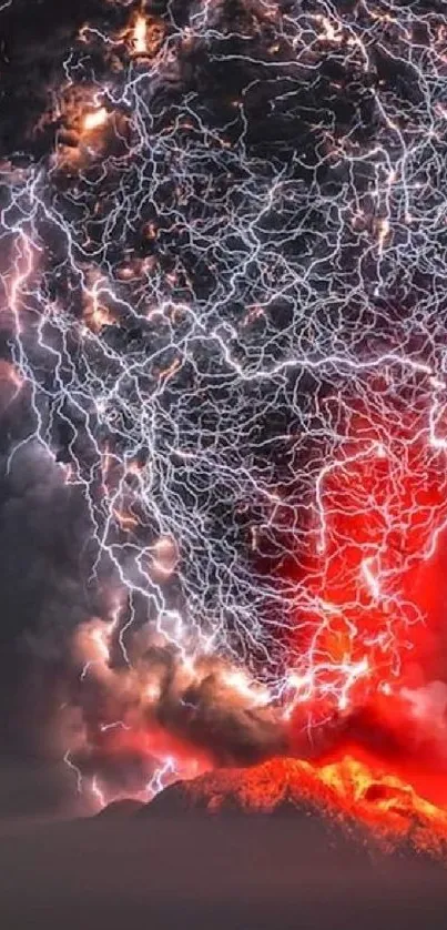 Volcano eruption with lightning and vibrant colors.