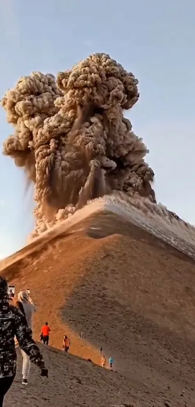 Dramatic volcanic eruption with ash plume and onlookers on mountain slope.