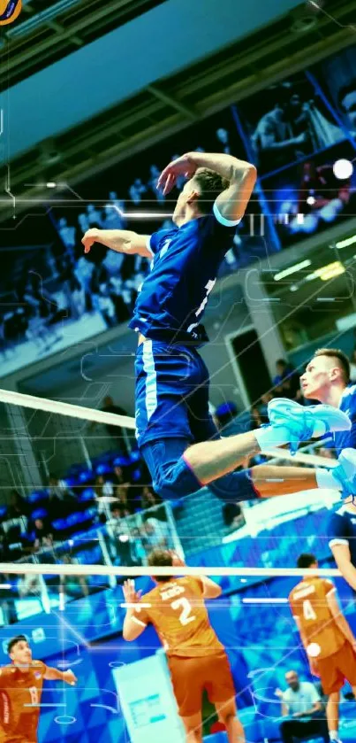 Volleyball players leap in intense action during a competitive match.