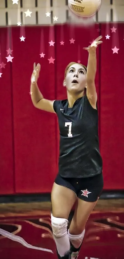 Volleyball player in action with a red background and star effects.