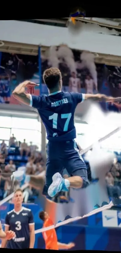 Volleyball player mid-air action shot in a vibrant sports arena.