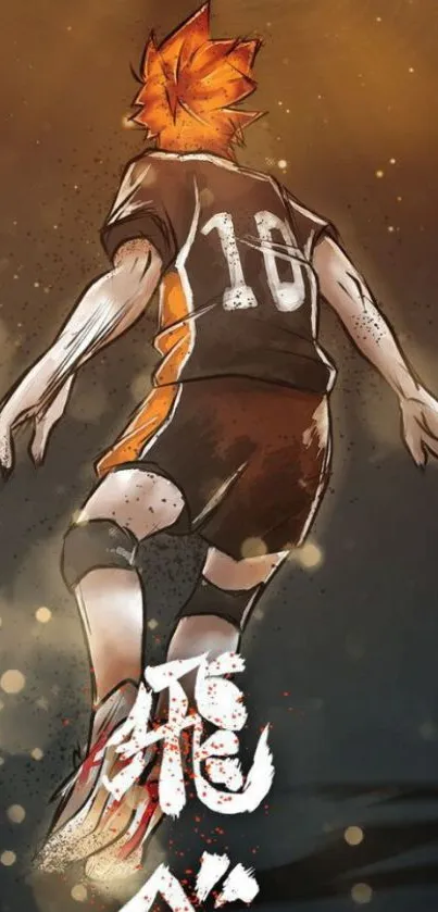 Anime character in action on a volleyball court with bold orange tones.