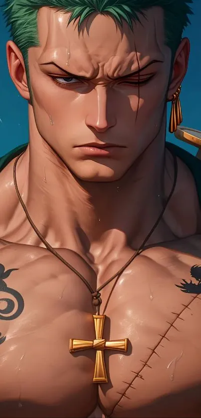 Anime warrior with tattoos and intense gaze.