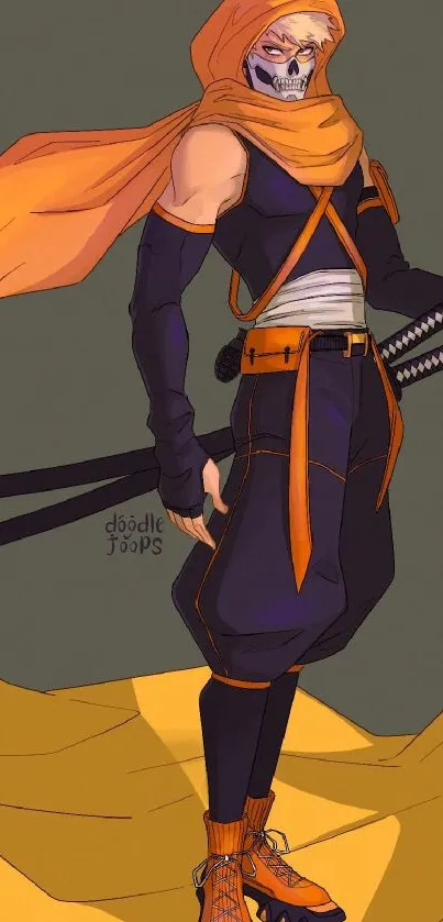 Anime warrior with orange scarf and swords on mobile wallpaper.