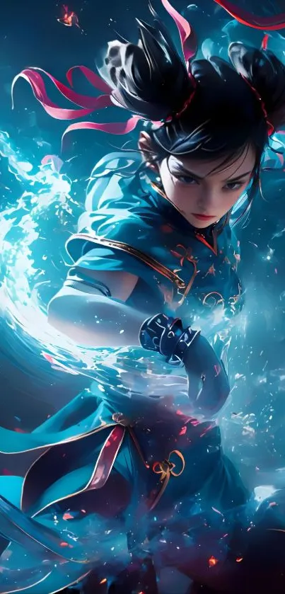 Dynamic anime warrior with water effects.