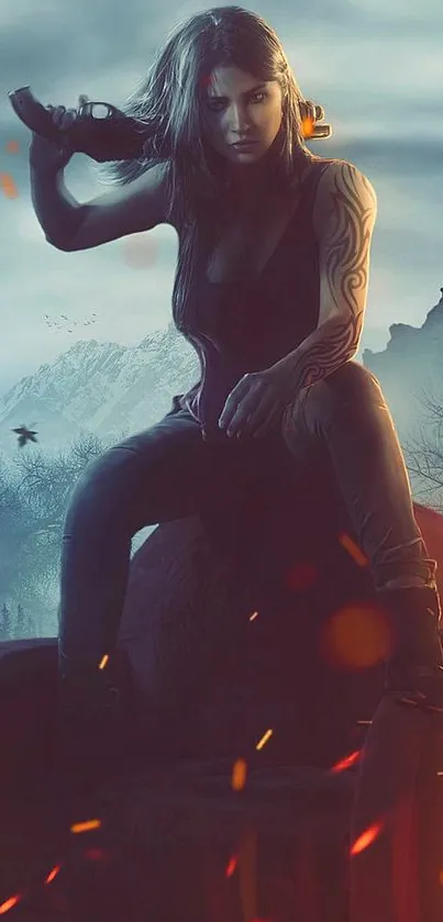 Epic female warrior wallpaper with fire and misty mountains.