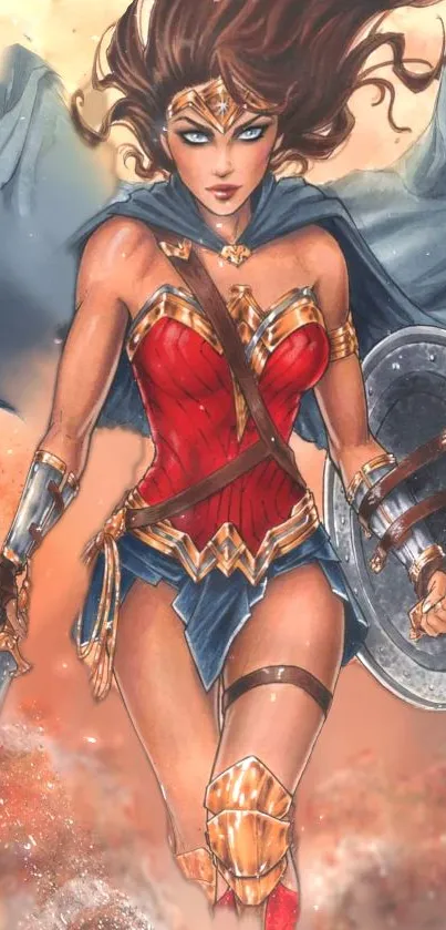 Epic warrior in blue cloak with shield and sword artwork.