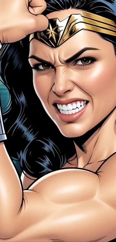 Cartoon warrior flexing arm confidently.