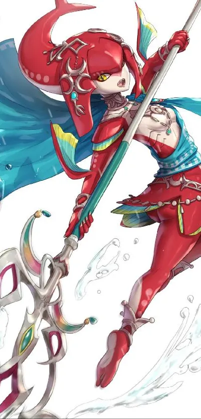 Vibrant warrior in red armor with trident, set against a dynamic water splash.