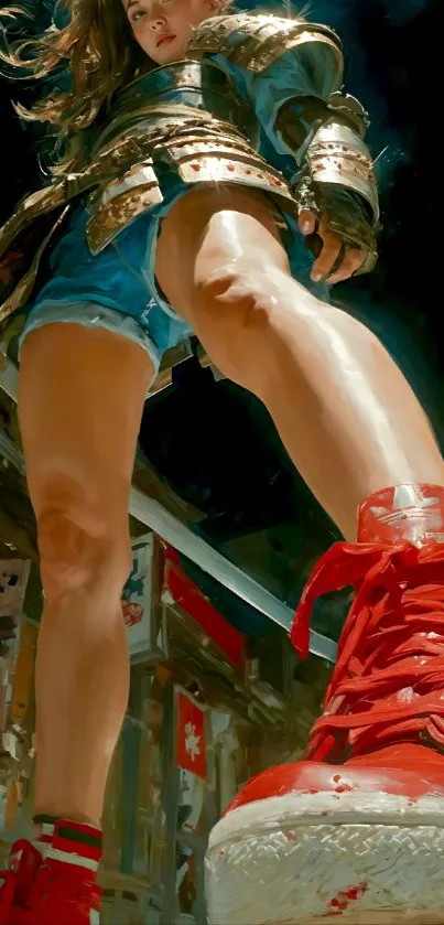 Warrior girl in dynamic pose with vibrant colors.