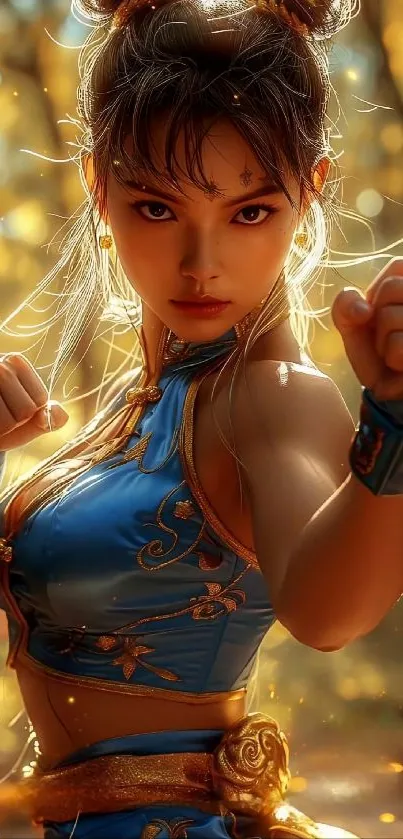 Warrior in blue outfit, glowing golden backdrop.