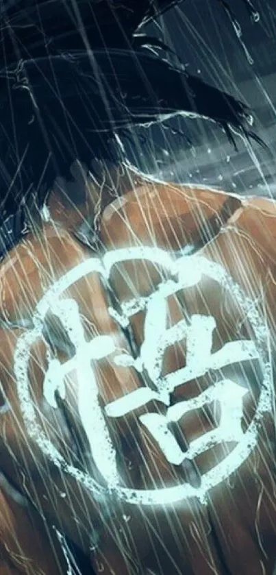 Dynamic warrior under rain with back tattoo.