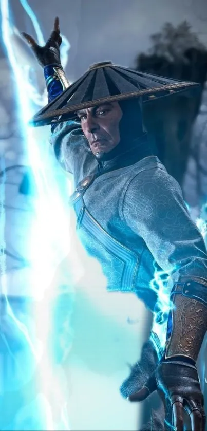 Dynamic warrior in blue lightning with action stance.