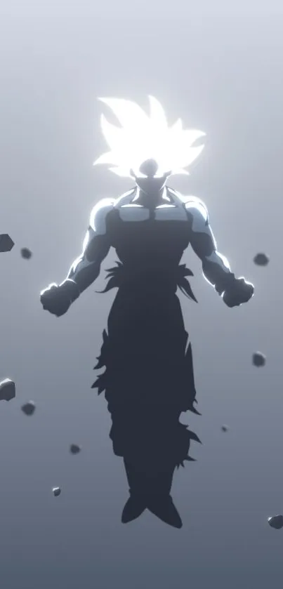 Silhouette of a glowing warrior with floating fragments on a gray background.