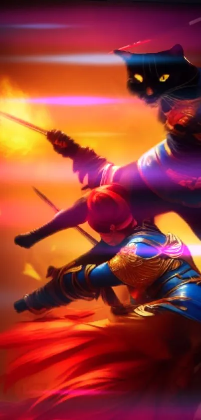 Vibrant warrior-themed mobile wallpaper with fiery colors.