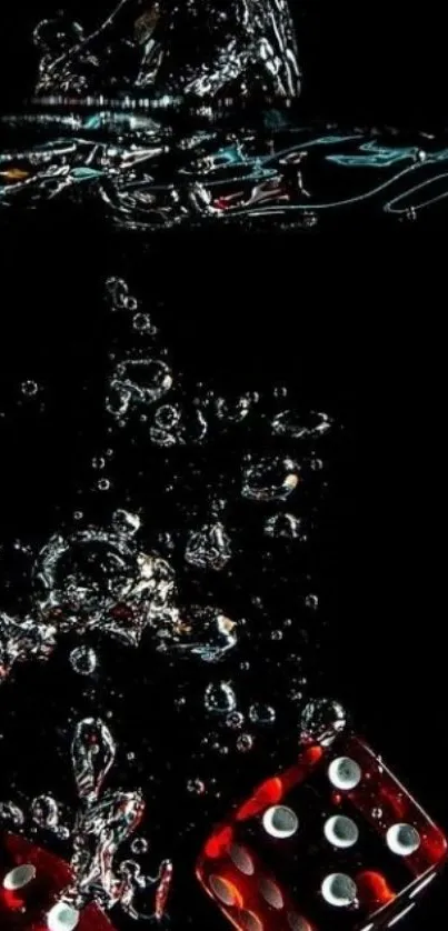 Red dice underwater with rising bubbles on a dark background.