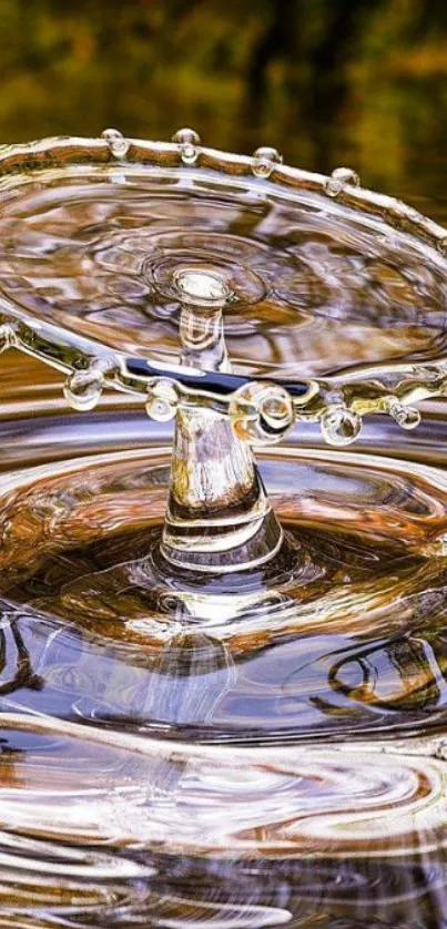 Artistic water drop splash creating ripples on a golden brown background.