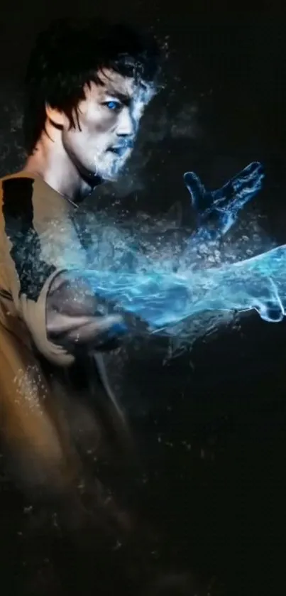 Mystical figure casting water magic in blue hues on a mobile wallpaper.