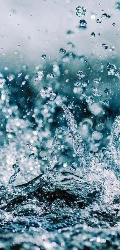 Dynamic blue water splash wallpaper with droplets.