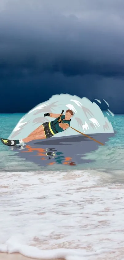 Illustration of waterskiing on a bright ocean with dark storm clouds overhead.