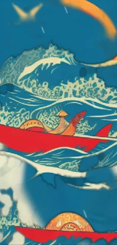 Artistic wallpaper featuring a canoe and waves in vibrant blues and reds.