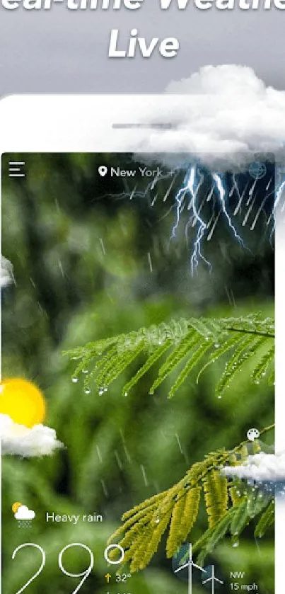 Mobile wallpaper showing real-time weather effects with clouds and lightning.