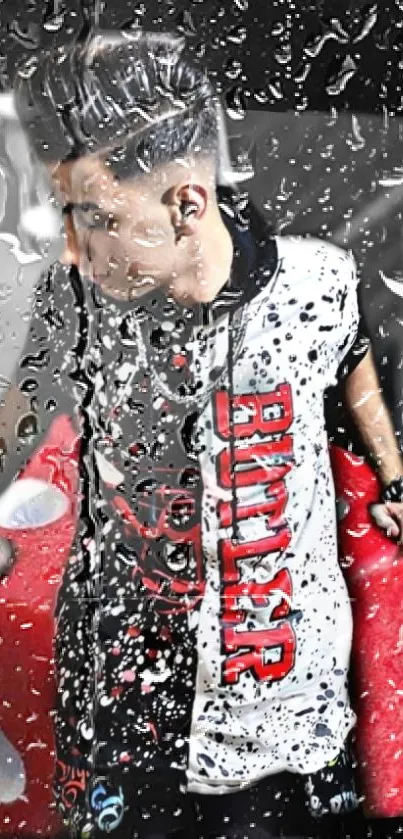 Young man behind rain-specked glass in vibrant colors.