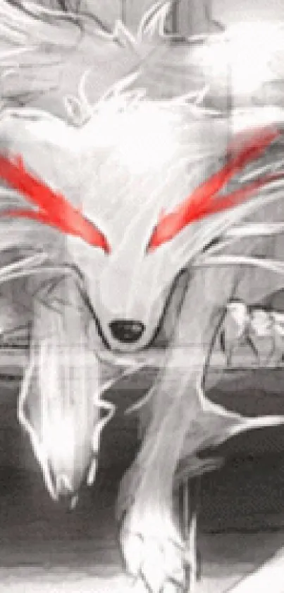 A white wolf with red eyes in a dynamic pose for mobile wallpaper.