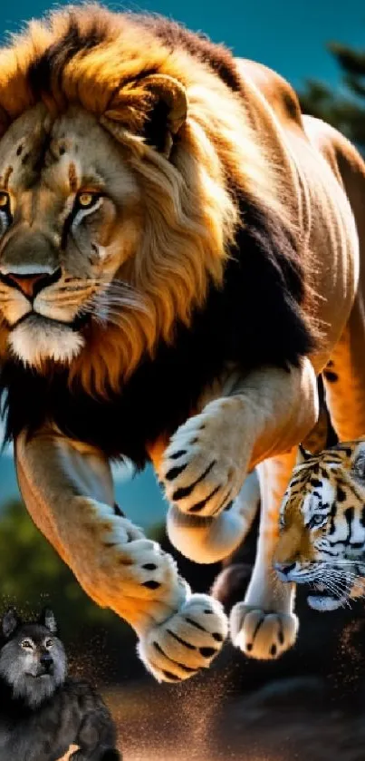 Majestic lion and tiger chasing in the wild.