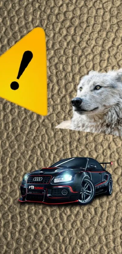 Wallpaper with a wolf, car, and caution sign on a textured background.