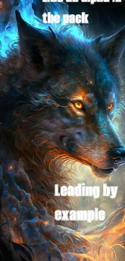 Artistic wolf with fiery and blue hues on mobile wallpaper.