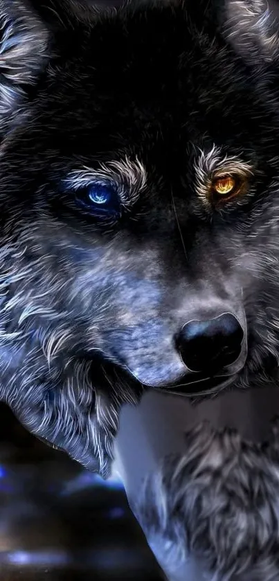 Fantasy wolf wallpaper with blue and amber eyes, featuring a dark gray fur design.