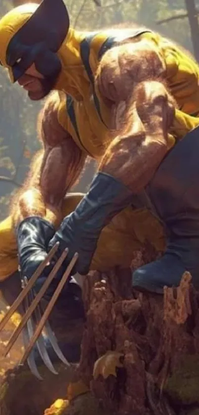 Wolverine crouching in a forest, displaying claws.