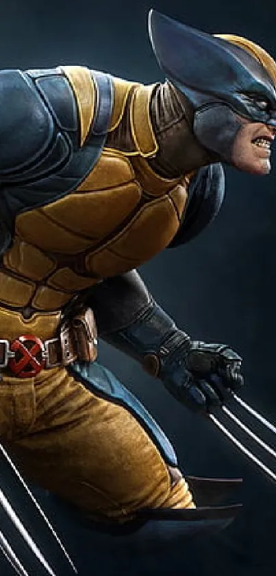 Wolverine in dynamic action pose with claws and iconic costume.