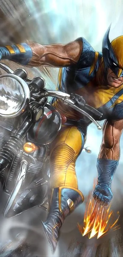 Wolverine riding a motorcycle with claws extended in dynamic action.