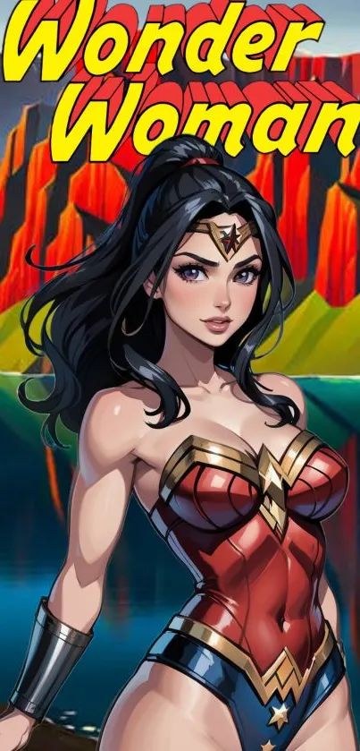 Wonder Woman vibrant art mobile wallpaper with superhero theme.