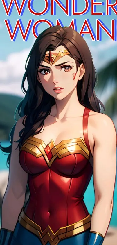 Wonder Woman stands strong with a tropical backdrop in this vibrant mobile wallpaper.