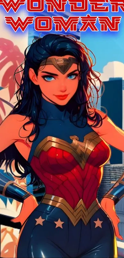 Illustrated Wonder Woman in vibrant colors, standing heroically with city background.