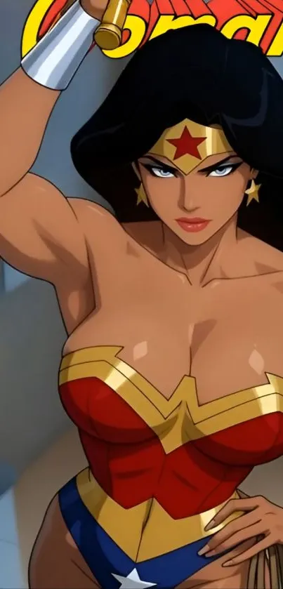 Wonder Woman in dynamic comic style artwork, vibrant colors.