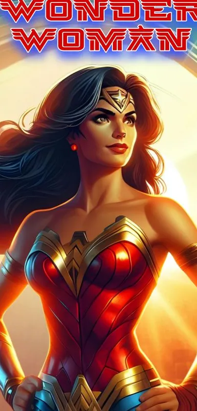 Wonder Woman in vibrant costume against a warm, glowing background.