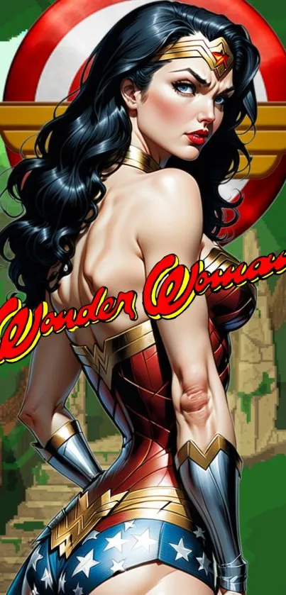 Vibrant comic-style Wonder Woman wallpaper with bold red and gold hues.