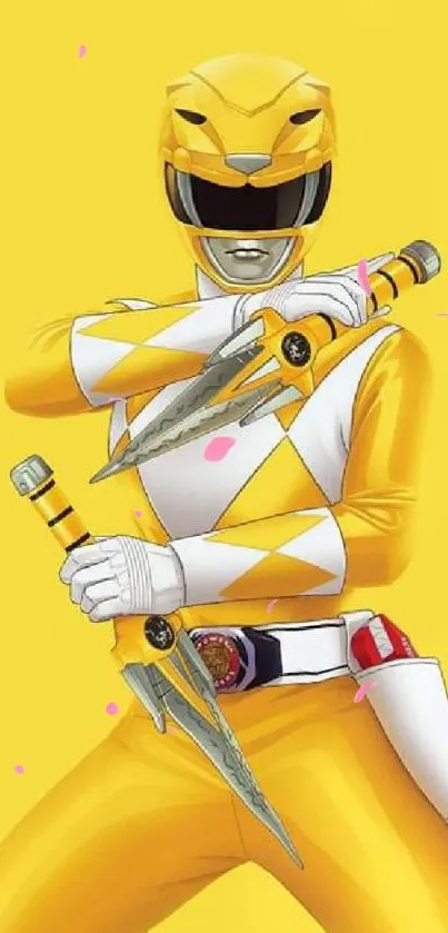 Yellow Ranger striking a pose on vibrant yellow background.