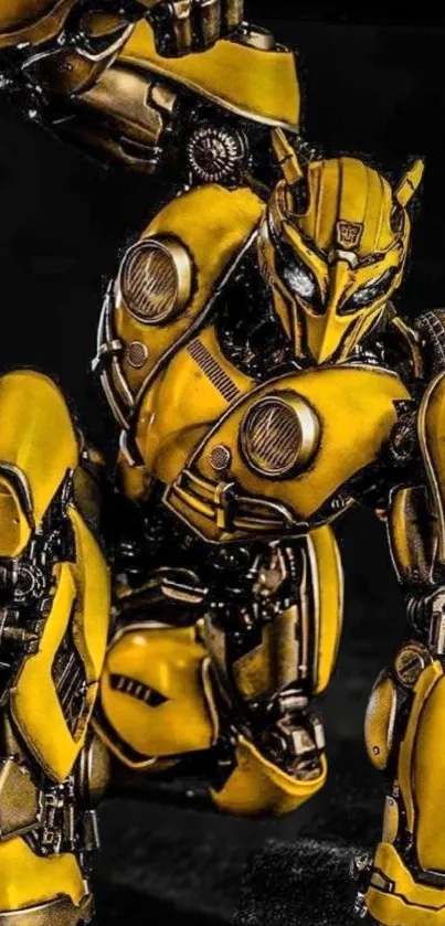 A dynamic yellow robot with intricate mechanical details on a dark background.