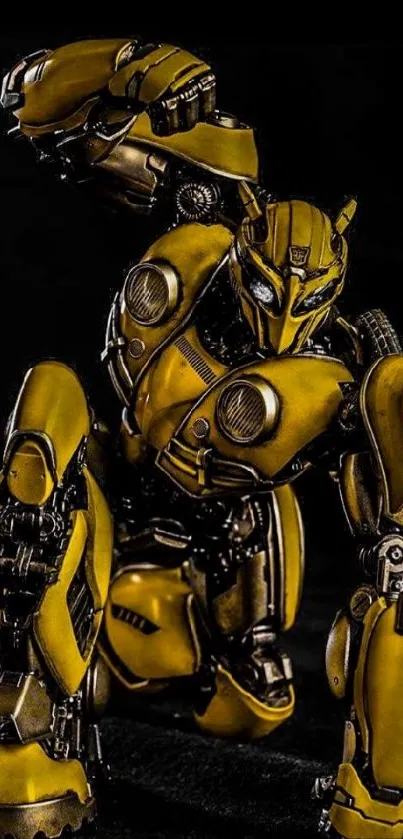 Dynamic yellow robot in a striking pose on a dark background.